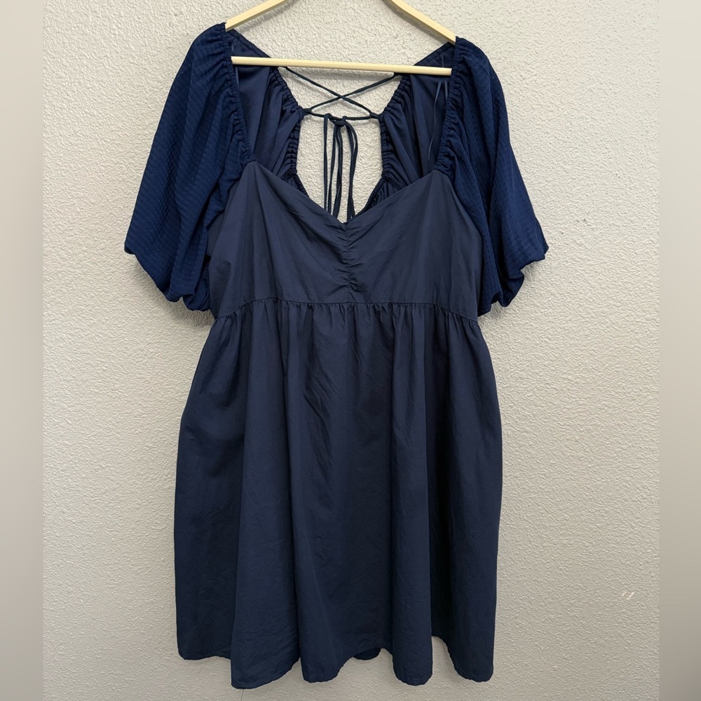 Arula Navy Puff Sleeve Dress with Crisscross Back Size A(1X)